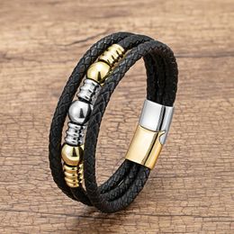 Charm Bracelets Trend Hand-woven Leather Bracelet Men Classic Design Stainless Steel Bead For Men's Jewelry GiftCharm