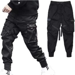 Men s Pants Hip Hop Boy Track Elastic Waist Harem Men Streetwear Punk Ribbons Design Trousers Male Black Pockets Joggers 230207