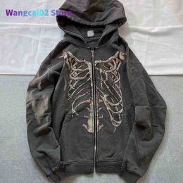 Men's Hoodies Sweatshirts Y2K Harajuku Loose Skeleton Zip-Up Hoodie Grunge Long Sleeve Gothic Hooded Jacket Retro Coat Oversized Sweatshirt Streetwear 020723H
