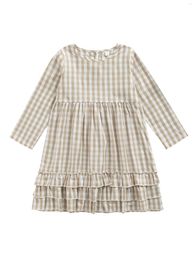 Girl Dresses Girls Autumn Dress Fashion Creative Plaid Round-Neck Long Sleeve Layered Flounce Casual Skirt For Kids 4-12 Years Gray
