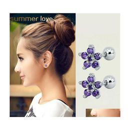 Stud 4 Colour Flower Cz Earrings For Women Girl Gold Sier Titanium Steel 5A Flash Zircon Studs Elegant Jewellery Drop Delivery Dh7Dw