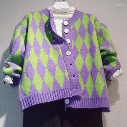 Women's Knits Vintage Geometric Green Purple Argyle Plaid Sweater Cardigans Women Long Sleeve Knit Crop Top Korean Cute Ulzzang Sweaters