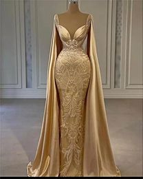 Gold Mermaid Prom Dresses With Wrap Beaded Lace Appliqued 2021 Evening Dress Party Second Reception Gowns Plus Size293P