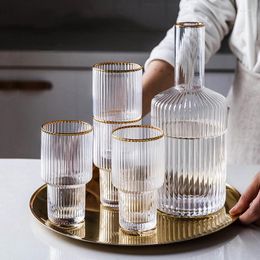 Wine Glasses Glass Mug Cold Kettle Gold Vertical Stripe Water Bottle Set Office Coffee Tea Fruit Juice Cup Heat-Resistant Household