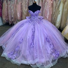 Lavender Quinceanera Dress 2023 With Bow Flowers Appliques Crystals Princess Sweet 16 Ball Gown Vestidos De 15 Anos Custom Made