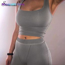 Women's Tracksuits Simenual Casual Sporty Ribbed Women Matching Sets Sleeveless Workout Active Wear 2 Piece Outfits Fitness Tank Top And Shorts Set 020723H