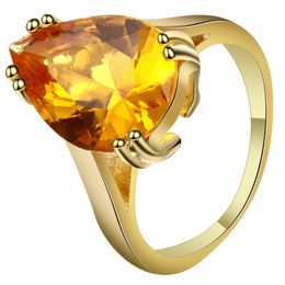 Wedding Rings Bright CZ Cubic Zirconia Yellow Water Drop Design Gold Colour Shining Round Simple Finger For Women Accessories GiftsWedding