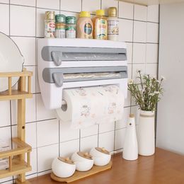 Bathroom Shelves Wall-Mounted Aluminum Foil Paper Towel Rack Sauce Bottle 4 In 1 Cling Film Cutting Multifunctional Kitchen Storage 230207