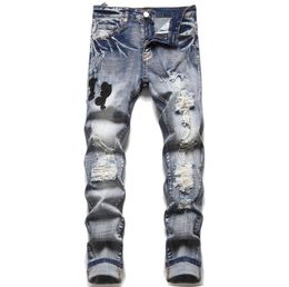 2023 Men's Jeans European Jean Hombre Letter Men Embroidery Patchwork Ripped For Trend Brand Motorcycle Pant Mens Skinny