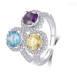 Cluster Rings Colourful Round Zircon Finger Ring White Gold Filled Party Wedding Band For Women Promise Birthday Jewellery Gift