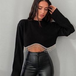 Women's TShirt Loose Women Crop Top 2023 Spring Long Sleeve Oneck Tassel Hem Female Tshirt Casual Chic Streetwear Lady 230206