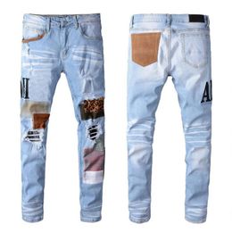 2023 New Men's Jeans Fashion Patch Ripped Blue Men Slim Fit Designer Washed Denim Trousers Hip Hop DJ Party Punk Rock Pants