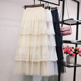 Skirts Women 2023 Summer Lace Cake Skirt Sweet Flower Embroidered Fairy Female Casual Fluffy Ladies A-Line S97