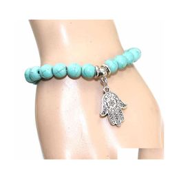 Charm Bracelets 8Mm Turquoise Bead Hamsa Hand Turkish Ethnic Religions Jewellery Women Usa Yoga Drop Delivery Dh7Yt