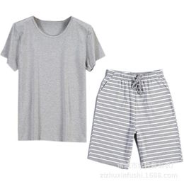 Men's Sleepwear Cotton Home Suit Summer Thin Striped Pyjamas Short Sleeve Shorts V-neck Sleep Wear Men Pyjama Homme