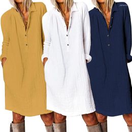 Casual Dresses Long Sleeve Knee Length Vestidos Female Button Tunic Robe Elegant V Neck Shirt Dress Women's Autumn Sundress Lady