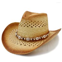 Berets Handmade Weave Women Men Western Cowboy Hat With Punk Leather Band Lady Gentleman Beach Sun Sombrero Cowgirl Size 58CM A0122Berets Pr