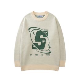 Men's Sweaters Capital Letter Print Solid Colour Retro and Women's Autumn Winter Harajuku Crew Neck Oversized Baggy Knitted Top 230206