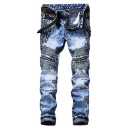 Men's Jeans New men's jeans foreign trade Europe and the United States slim straight tube fold zipper locomotive snow ripped blue jeans