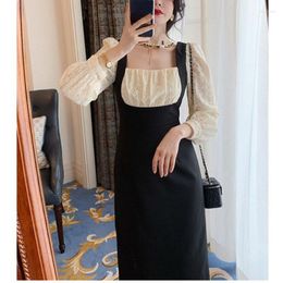 Casual Dresses 2023 Autumn Lace Vintage Black Midi Dress Korean Chic Women Sweet Elegant Evening Party Female Slim One Piece