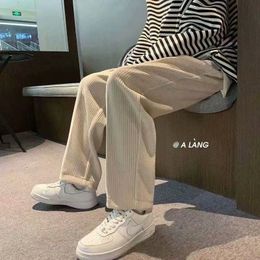 Men's Pants Summer Thin Casual Tie Straight Leg Corduroy Monochrome Oversized Warm Korean Street Streetwear Men 230206