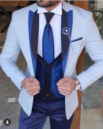 Men's Suits Light Blue Costume Homme Men 3 Pieces 2023 Fashion Slim Fit Groom Tuxedos Terno Wedding Blazer (Jacket Pants Vest)