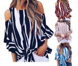 Women's T Shirts Womens Round Neck Strapless Butterfly Sleeve Mid Stripe Shirt Top Spring Fashion Loose Printe Casual Tops