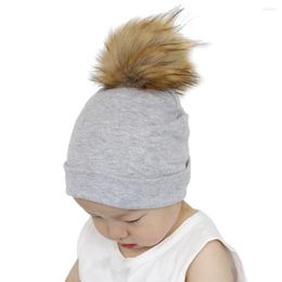 Berets Baby Hat Faux Fur Boys Girls Cap Cotton Printing Pompom Bobble For Winter Children Hats Caps