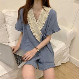 Ethnic Clothing Summer Pyjamas Women's Suit Yukata Japanese Kimono Lace V-neck Loose Short Sleeve Home Wear Two-piece Japan