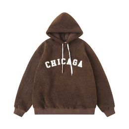 2023 Winter China-Chic Embroidered Alphabet Lamb Hair Drawstring Hooded Sweater Solid Color Casual Long Sleeve Hoodie