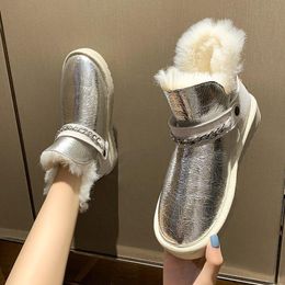 Boots Fur Snow Women 2023 Winter Waterproof Warm Cotton Shoes Plus Velvet Net Red Thick-soled Non-slip Patent Leather