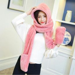 Berets In 1 Women Winter Hood Scarf Hat Glove Set Warm Soft Snood Pocket Hooded Srarves 2023 Fashion For GirlBerets