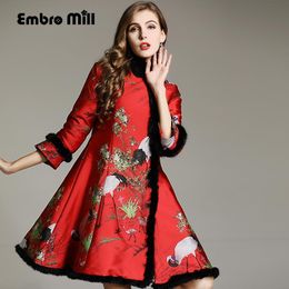 Women's Trench Coats Embro Mill High-end Autumn Winter Coat For Women Windbreaker Rayon Vintage Print Floral Warm Outerwear Female S-XXL