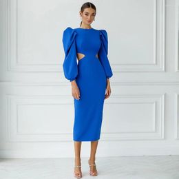 Party Dresses Cocktail Dress Blue Long Puffy Sleeves O Neck Sheath Midi Gowns For Women Open Back Length Sexy Short