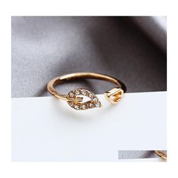 Wedding Rings Sier Gold Love Ring With Diamante Leaf Fashion Adjustable Loving Heart For Men Women Party Drop Delivery Jewelry Dhgnq