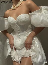 Casual Dresses WannaThis Mesh Corset Mini A Line Skims White Off Shoulder Summer Sexy Folds Puff Sleeve Women Elegant Evening Vestidos 230207