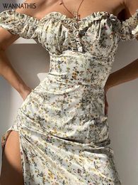 Casual Dresses WannaThis Summer Floral Off Shoulder Puff Sleeve Maxi Dress For Woman Robe Sexy Lace Up Side Split Chic Mid-Calf Aesthetic Dress 230207