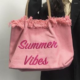 Evening Bags Large-capacity Tassel Women Handbag Summer All-match College Female Sweet Designer Girl Canvas Shoulder Bag Pink White Tote