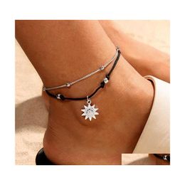 Anklets Vintage Boho Double Layer Beads Ankle Bracelet For Women Fashion Sun Pendent Anklet Handmade Foot Chain Beach Jewellery 562 T2 Dhcyo