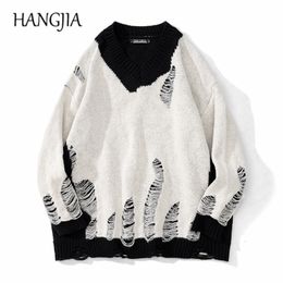 Men's Sweaters Black White Patchwork Pullovers Washed Destroyed Ripped Sweater Men Harajuku Hole Knit Jumpers for Women Oversized 230206