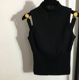 New Women Black Knitted Top T-shirts Stand Collar Sleeveless with golden buttons Slim Fashion Knit Tops T shirt Club Party Tees