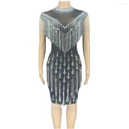 Stage Wear Crystal Rhinestone Sheath Dress See-through Tassel Sexy Women Party Prom Formal Outfit Nightclub DJ Show Costume