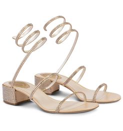 Berühmtes Design Cleo Damen Sandalen Schuhe! Renescaovillas Kristallverzierte, spiralförmig umwickelte Gladiator-Sandalen mit niedrigem Absatz für Hochzeit, Party, Kleid, Abend