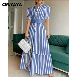 Party Dresses CM YAYA Women Long Dress Striped Single Breasted Loose Maxi with Belt Sashes Office Lady Vestidos Fashion Outfit Summer 230105