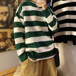 Men's Sweaters Stripe Knitted Sweater Men Autumn Winter Baggy Long Sleeves Tops Fashion All Match Trend Streetwear Ins Vintage Y2K Male Clothes 230206