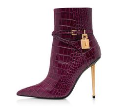 Gold lock Ankle Boots for womens shoes Luxury Designer Buckle zipper stiletto Bootie quality Cowskin Cashmere Pointed Toes