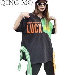 Women's T Shirts QING MO Black White Irregular Summer Women 2023 Patchwork Short Sleeve Plus Size Letter Print QYF273A