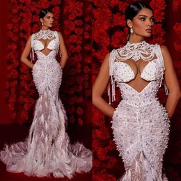 Elegant Mermaid Wedding Dresses With Sexy Pearls O-Neck New Feather Brush Train Shine Lace Bridal Gown Custom Made Robes De Mariee