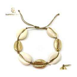 Pendant Necklaces Beach Natural And Zinc Alloy Shell Charm Bracelet Necklace Beige Cord Gold Colour Handwoven One Set For Women Gift Dhu8I