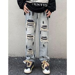 Men s Jeans 2023 Summer High Quality Patchwork American stickers splash ink Hole Hip hop Denim 230207